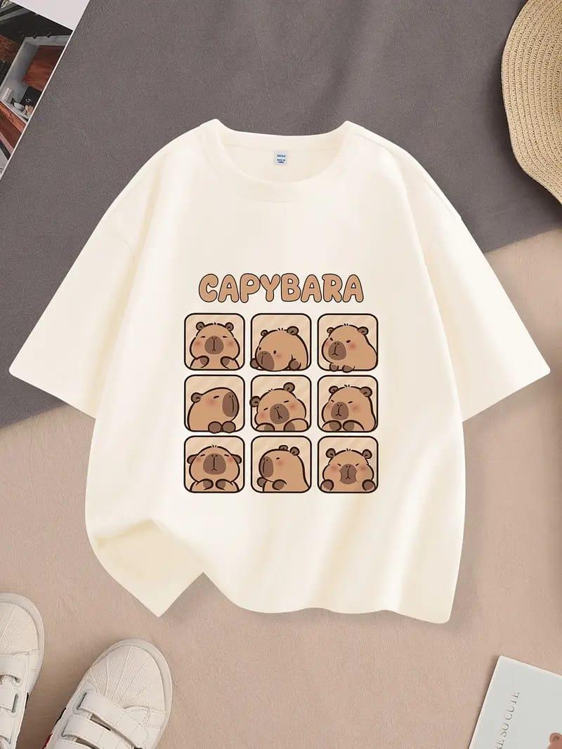 CapyBara 9Kara Baskılı Unisex Beyaz Tam Kalıp Tişört T-shirt 