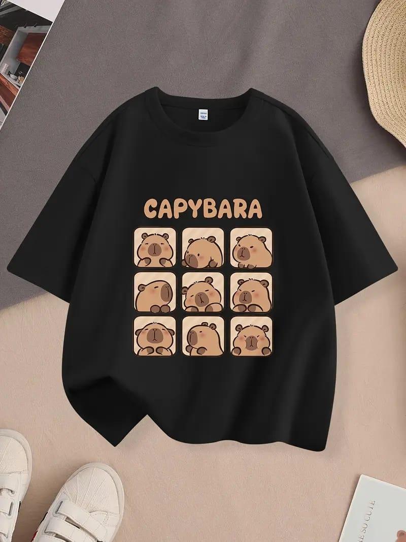 CapyBara 9Kara Baskılı Unisex Siyah Tam Kalıp Tişört T-shirt 