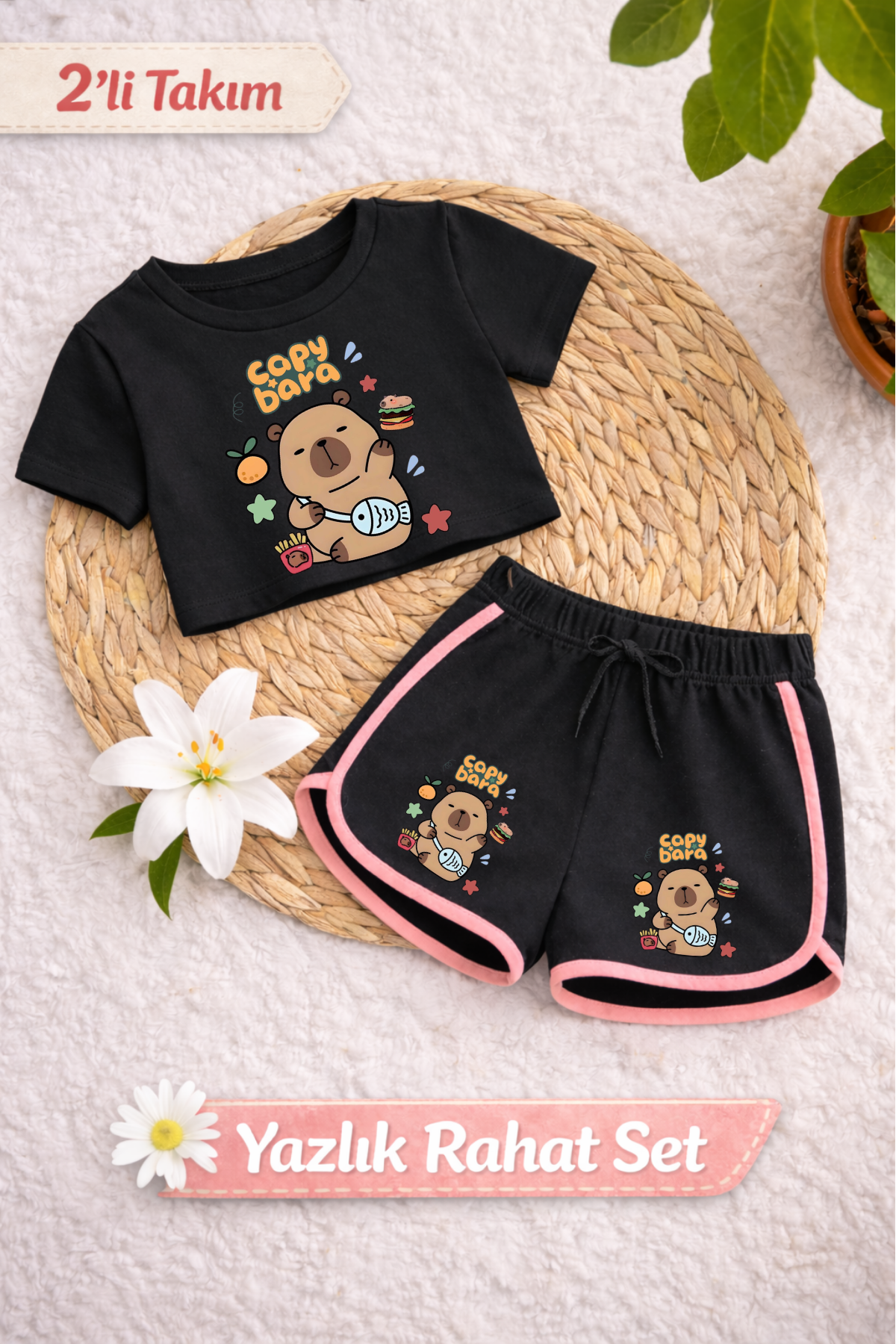 Capybara Baskılı Siyah Crop Siyah Şort Takım