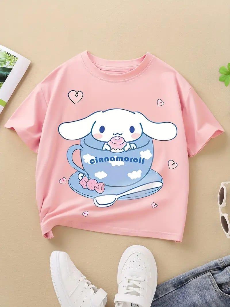 Cinnamoroll Fincan Baskılı Pembe Tam Kalıp Kız Çocuk Anne KombinTişört Tshirt
