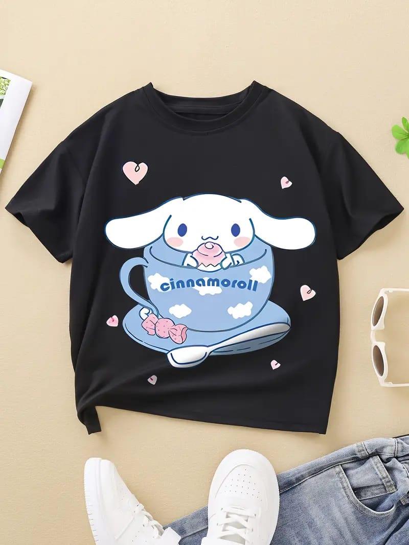 Cinnamoroll Fincan Baskılı Siyah Tam Kalıp Kız Çocuk Anne KombinTişört Tshirt