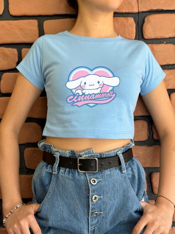 Cinnamoroll Kalp Baskılı Mavi Crop (dar kalıptır)