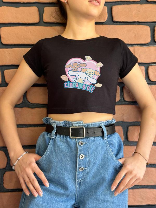 Cinnamoroll Yeni Sezon Baskılı Siyah Crop 