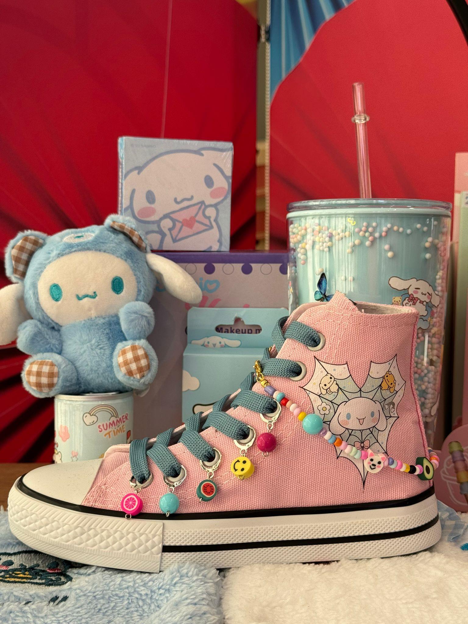 Cinnarmoroll Örümcek Ağ Baskılı Pembe Boncuk Ve Halhal Süslemeli Spor Ayakkabı Sneaker