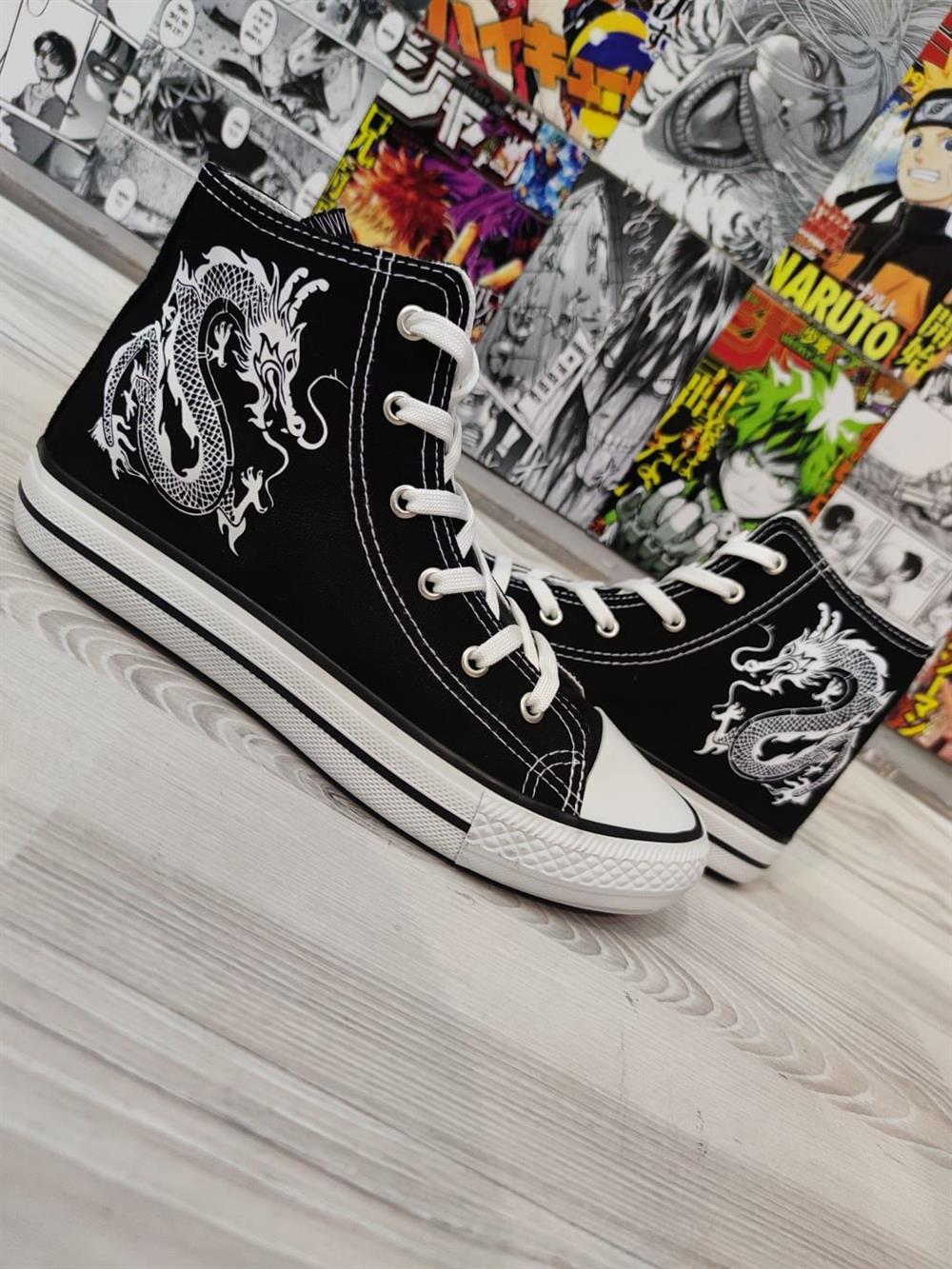 Dragon Baskılı Siyah Unisex Spor Ayakkabı Sneakers