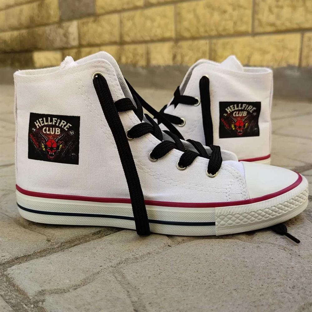 Hellfire Baskılı Günlük Erkek-Kadın Spor Ayakkabı Beyaz Bağcıklı Keten Sneaker
