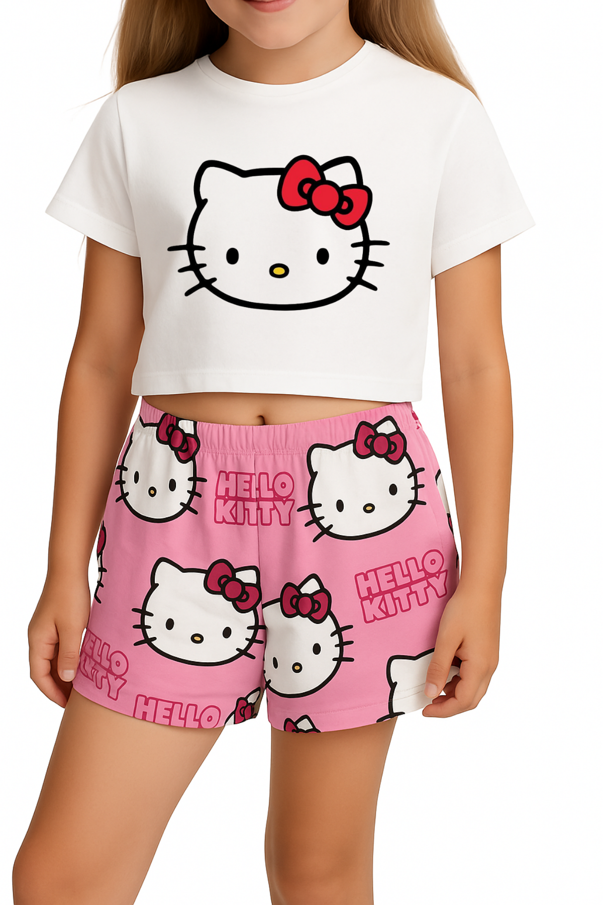 Hello Kitty Baskılı Pembe Kız Çocuk Şort Beyaz Kitty Baskılı Crop Takım  