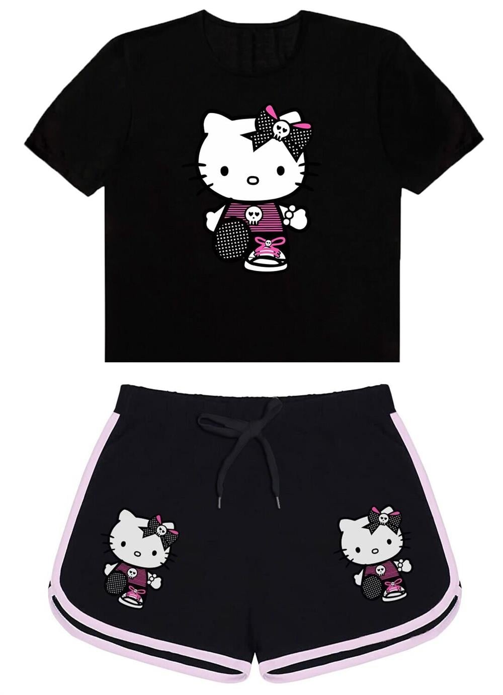 HelloKitty Büyük Baskılı Siyah Tshirt Ve HelloKitty Büyük Siyah Şort Kombin
