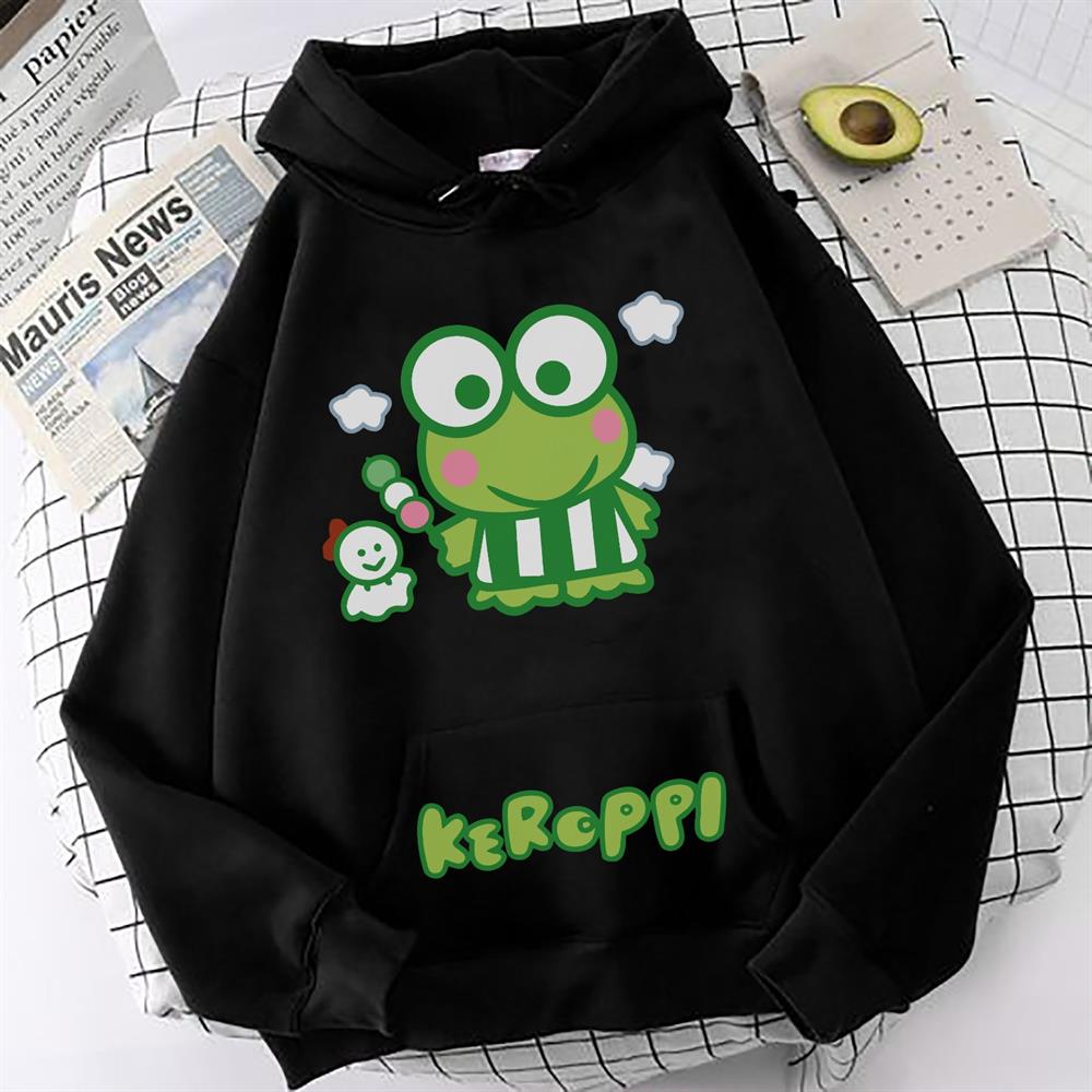 Hellokitty Keroppi Baskılı Siyah Oversize Sweatshirt Kapüşonlu Hoodie