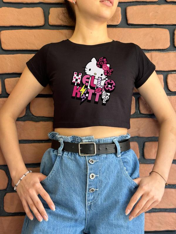 HellokittyYeni Sezon  Baskılı Siyah  Crop (Dar Klıptır)