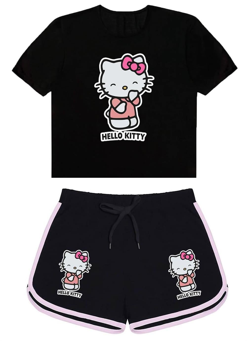 Hkitty(pudra) Baskılı Siyah Tshirt Ve Hkitty(pudra) Baskılı Siyah Şort Kombin