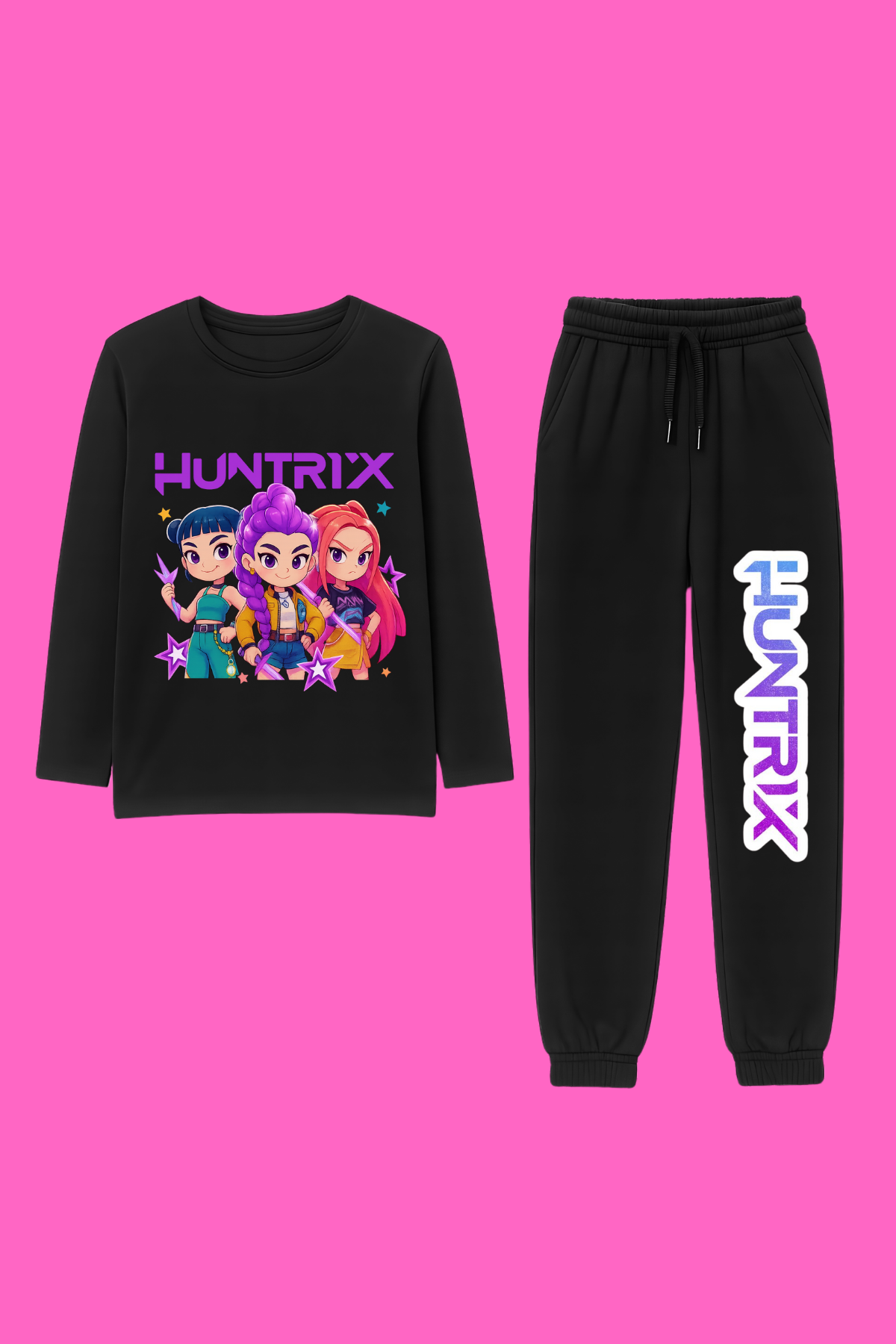 Huntrix Çizim Baskılı Üst Siyah Body Penye Alt 2 iplik İnce Kumaş Eşofman Takım 