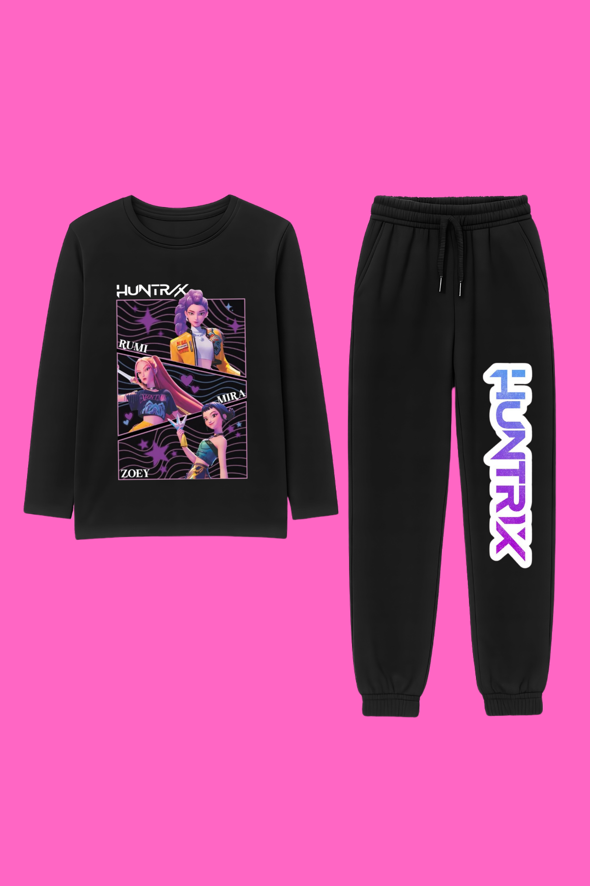 Huntrix İsim Baskılı Üst Siyah Body Penye Alt 2 iplik İnce Kumaş Eşofman Takım 