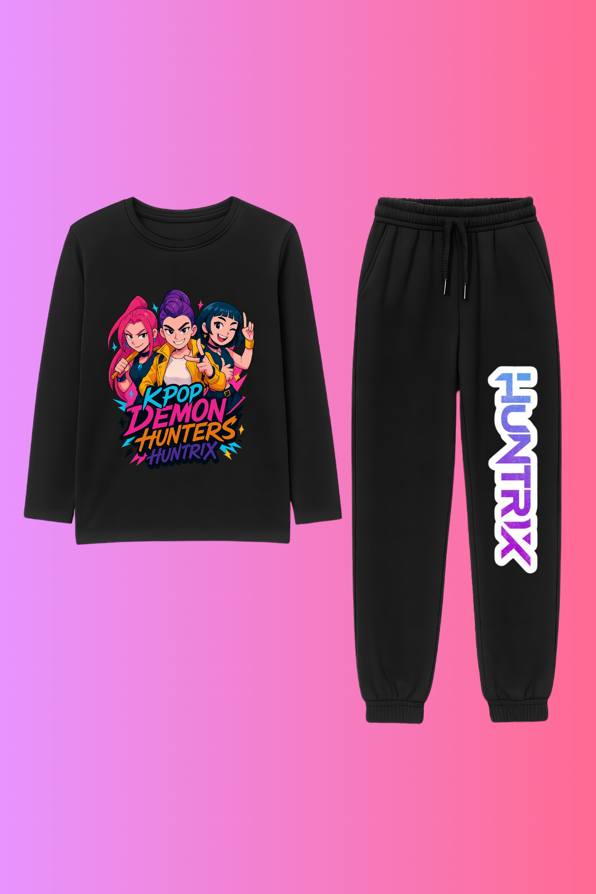 Huntrix K-Pop Baskılı Üst Siyah Body Penye Alt 2 iplik İnce Kumaş Eşofman Takım 