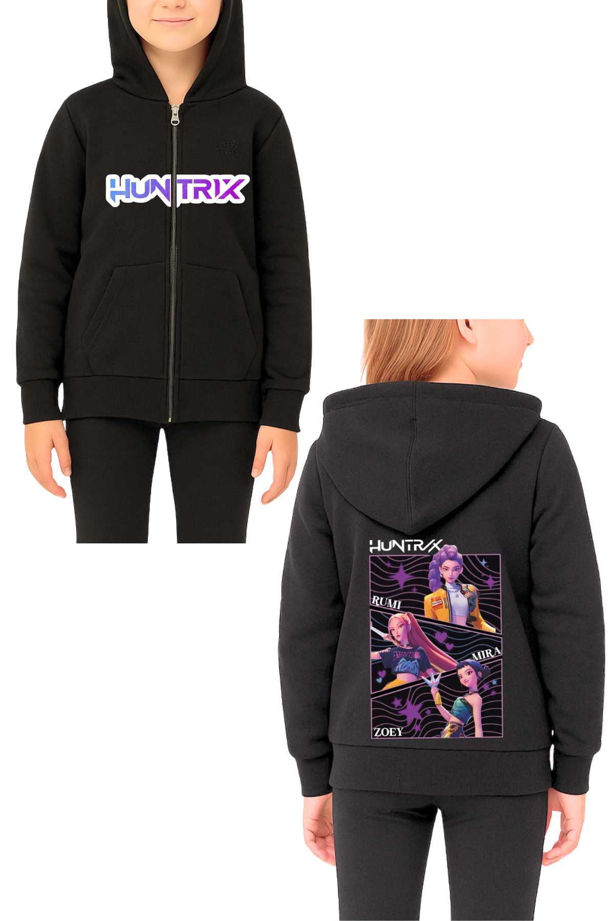 Huntrix Ön Arka Baskılı Siyah Fermuarlı Hırka Sweatshirt 