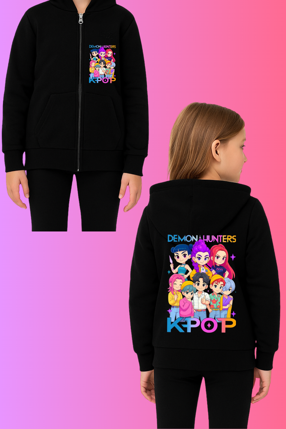 Huntrix Tüm Üyeler Baskılı Siyah Fermuarlı Hırka Sweatshirt 