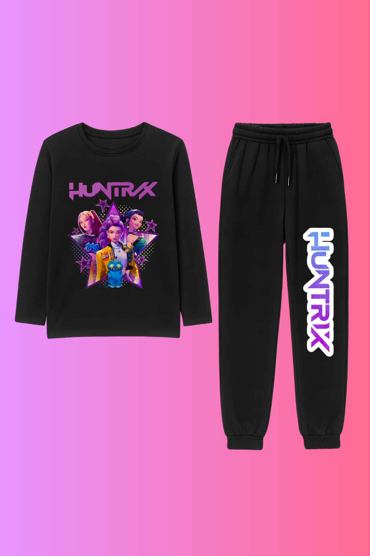 Huntrix Yıldız Baskılı Üst Siyah Body Penye Alt 2 iplik İnce Kumaş Eşofman Takım 