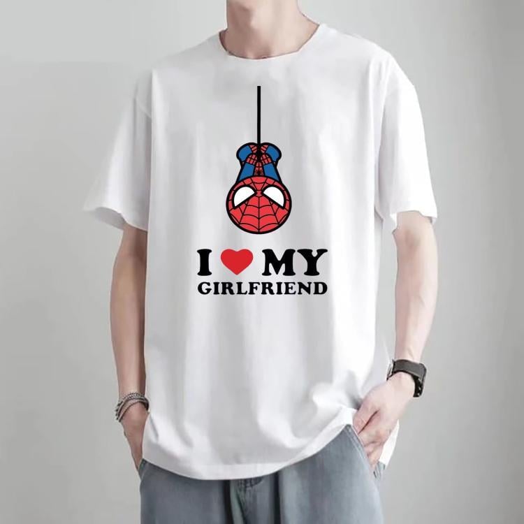 I Love My Girlfriend Spiderman Baskılı Beyaz Tshirt Tişört 