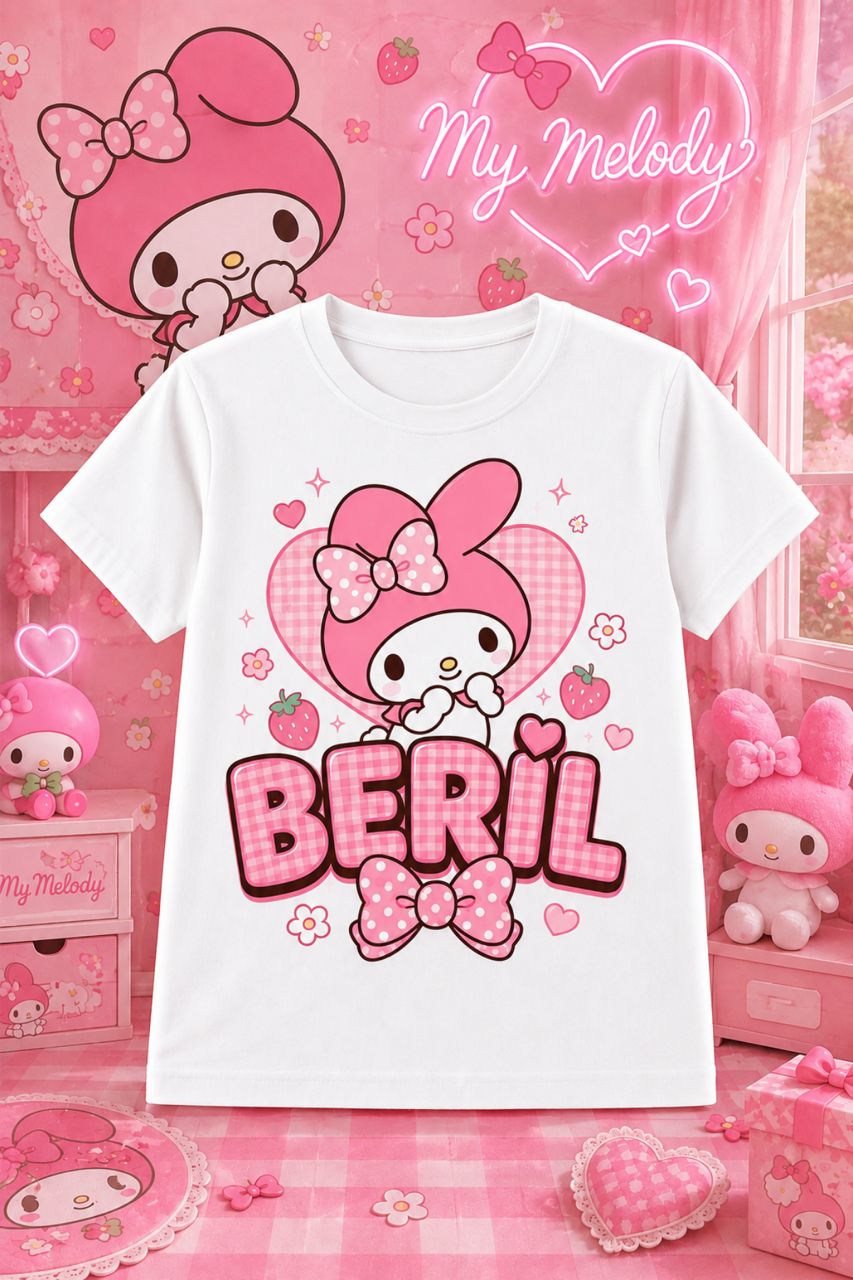 (İSTEDİĞİN İSMİ YAZIYORUZ) Mymelody Konseptli Özel İsim Yazılı Beyaz  Tişört Anne Kız Kombinine Uygun 