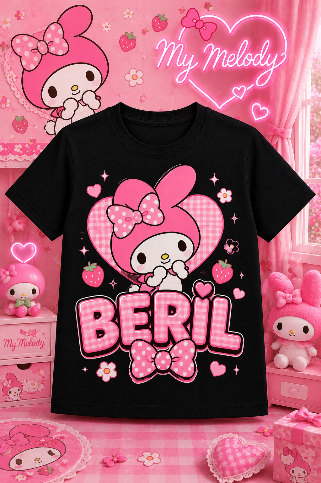 (İSTEDİĞİN İSMİ YAZIYORUZ) Mymelody Konseptli Özel İsim Yazılı Siyah Tişört Anne Kız Kombinine Uygun 