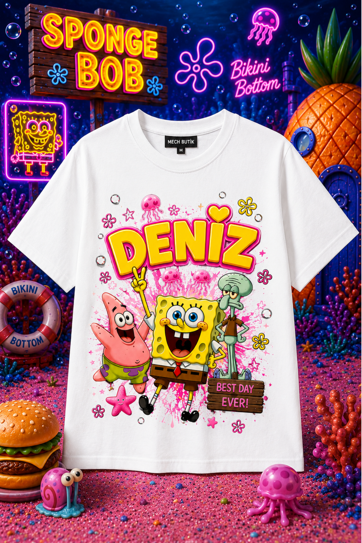 (İSTEDİĞİN İSMİ YAZIYORUZ)Sünger Bob Konseptli Özel İsim Yazılı Beyaz Tişört Anne Kız Kombinine Uygun 