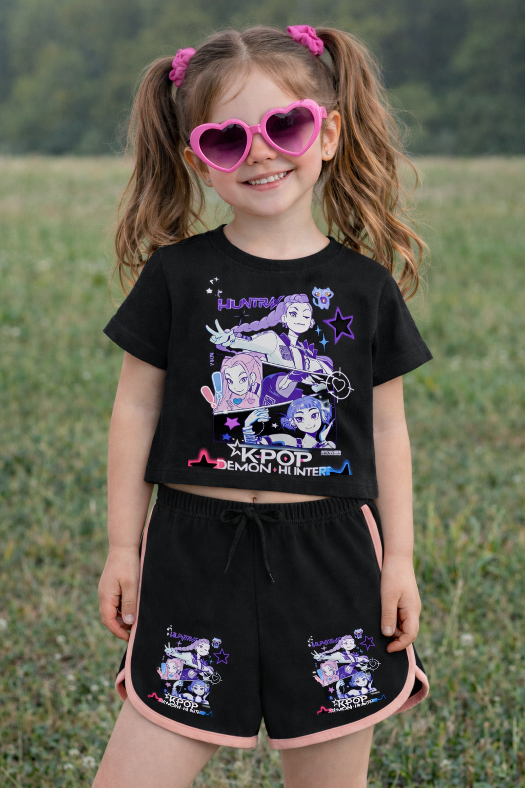 K-Pop Demon Hunter Huntirx Anime Baskılı Siyah Crop-Şort Takım 