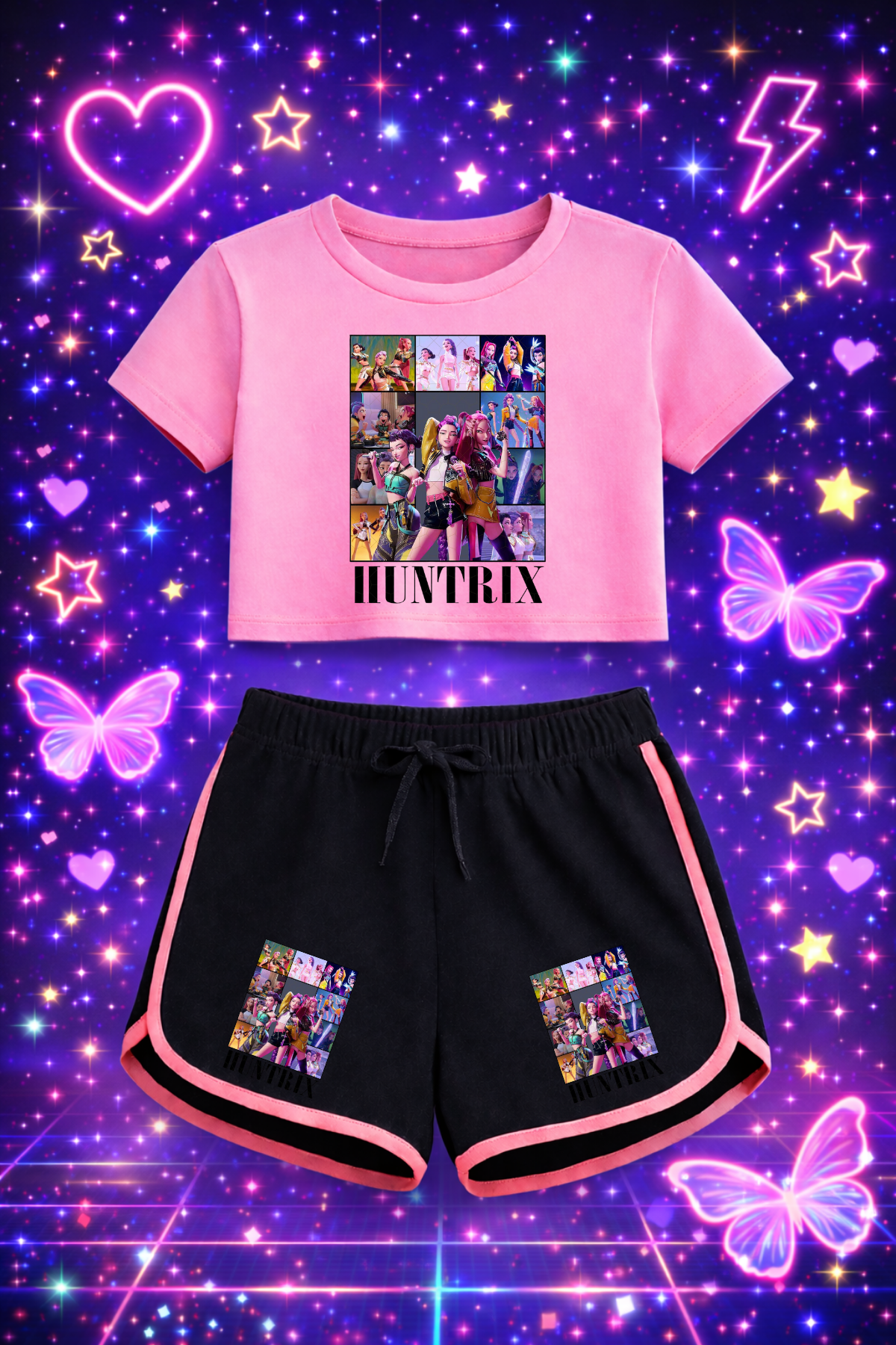 K-Pop Demon Hunter Huntirx Foto Pembe Crop-Şort Takım 