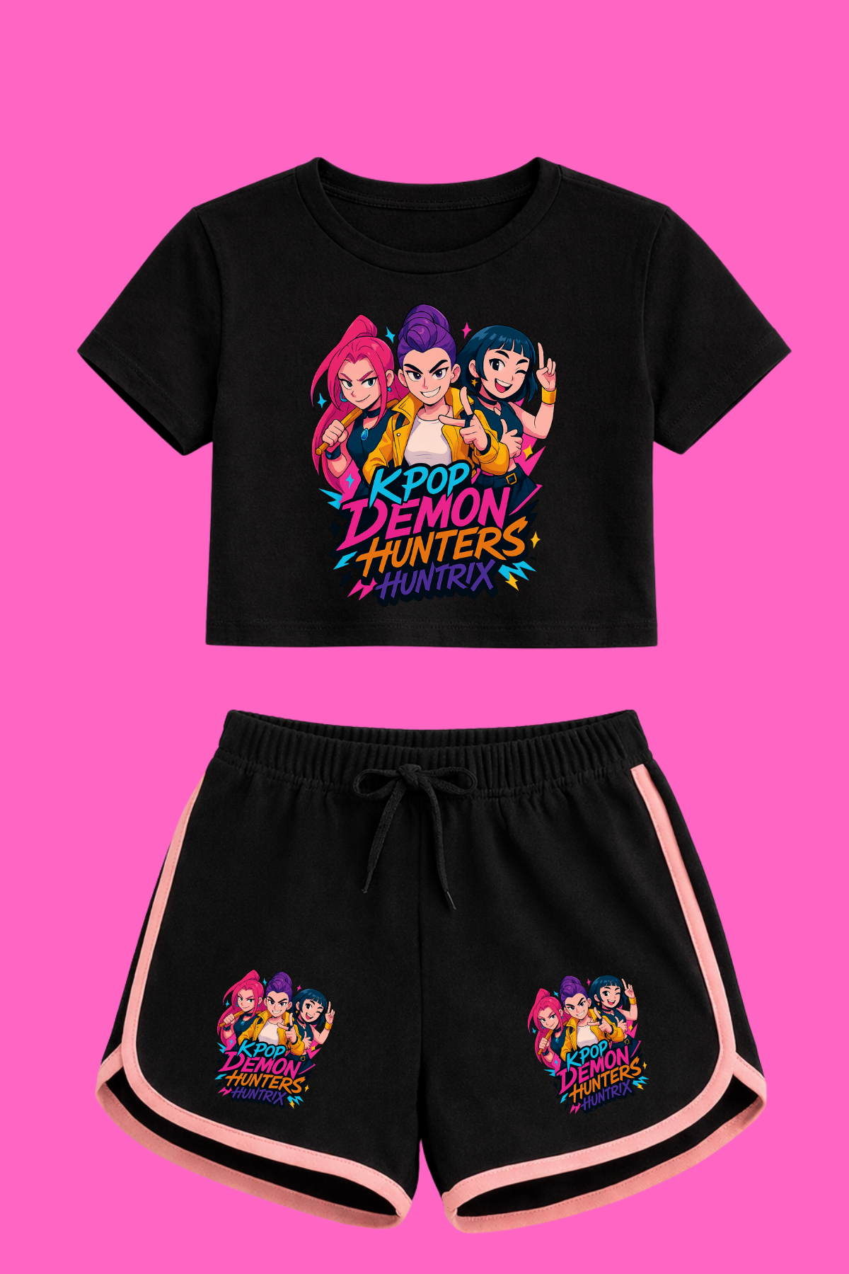 K-Pop Demon Hunter Huntirx K-Pop Baskılı Siyah Crop-Şort Takım 