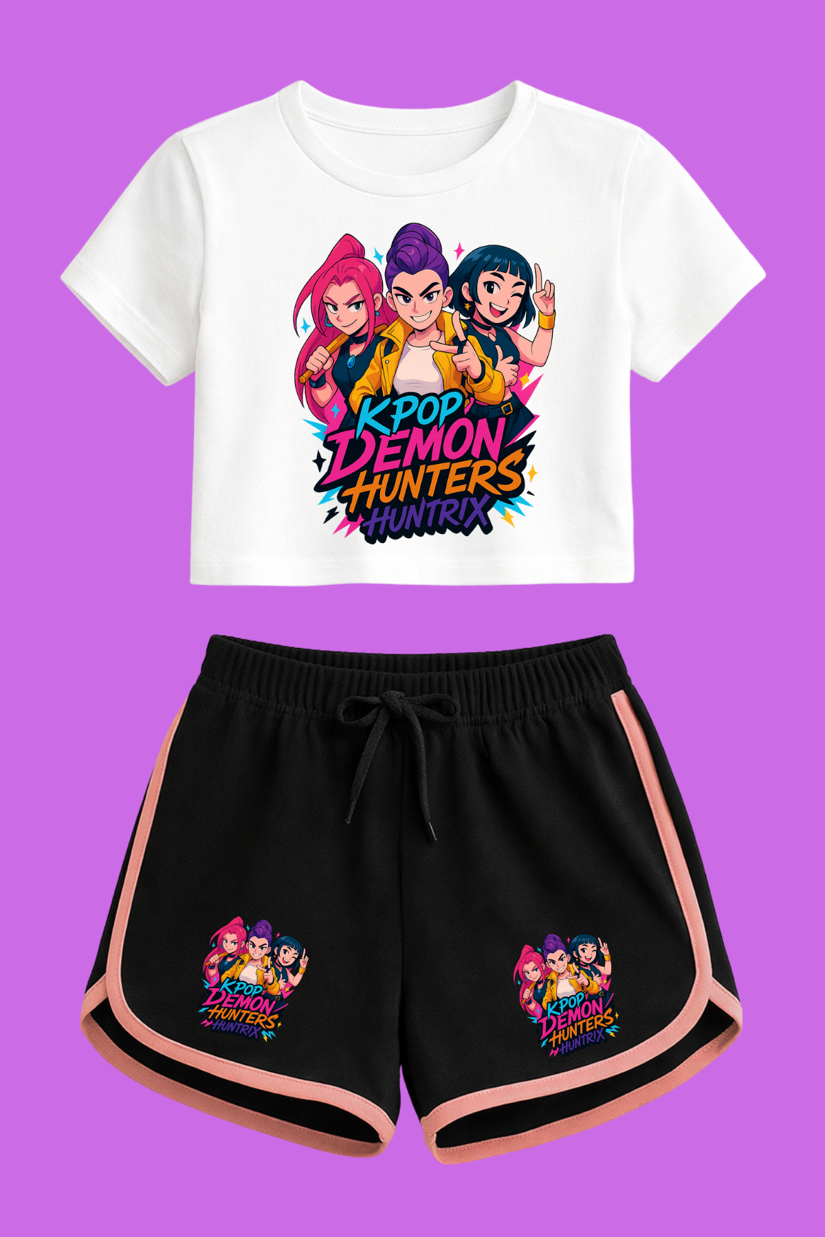 K-Pop Demon Hunter Huntirx Kpop Baskılı Beyaz Crop-Şort Takım 