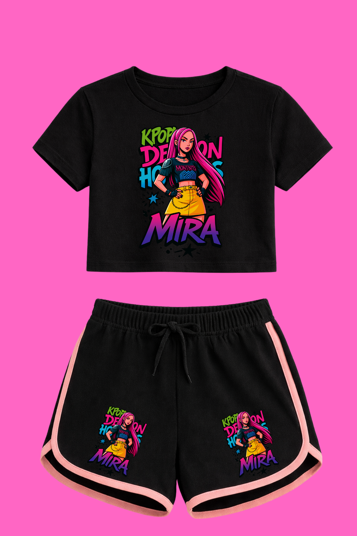 K-Pop Demon Hunter Huntirx Mira Baskılı Siyah Crop-Şort Takım 