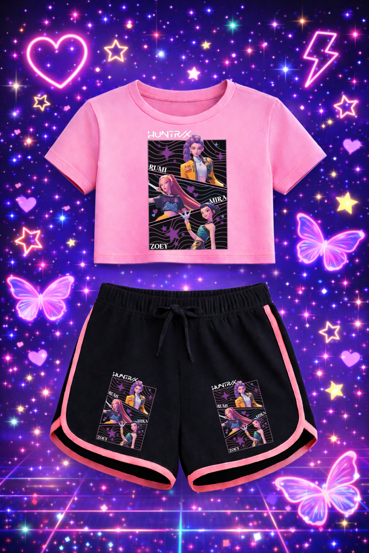 K-Pop Demon Hunter Huntirx ÖnbaskıPembe Crop-Şort Takım 