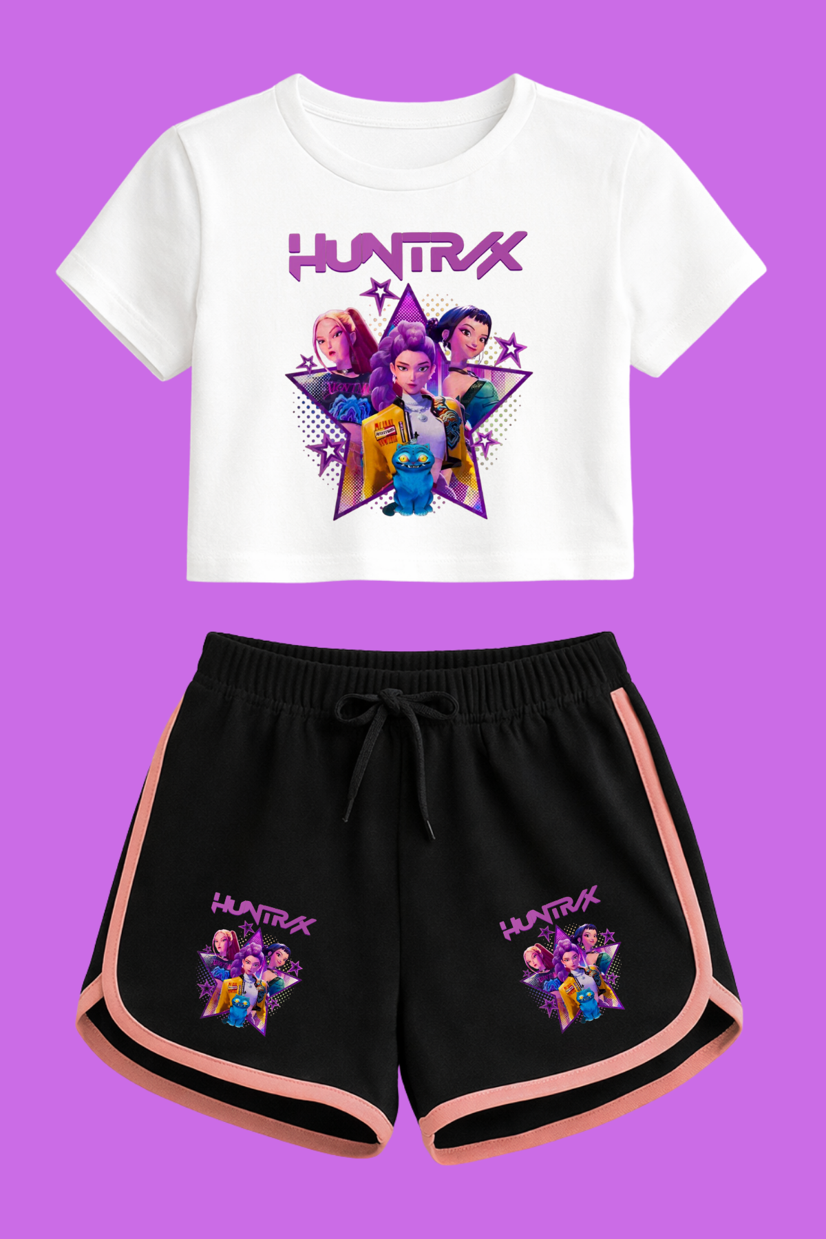 K-Pop Demon Hunter Huntirx Yıldız Beyaz Crop-Şort Takım 