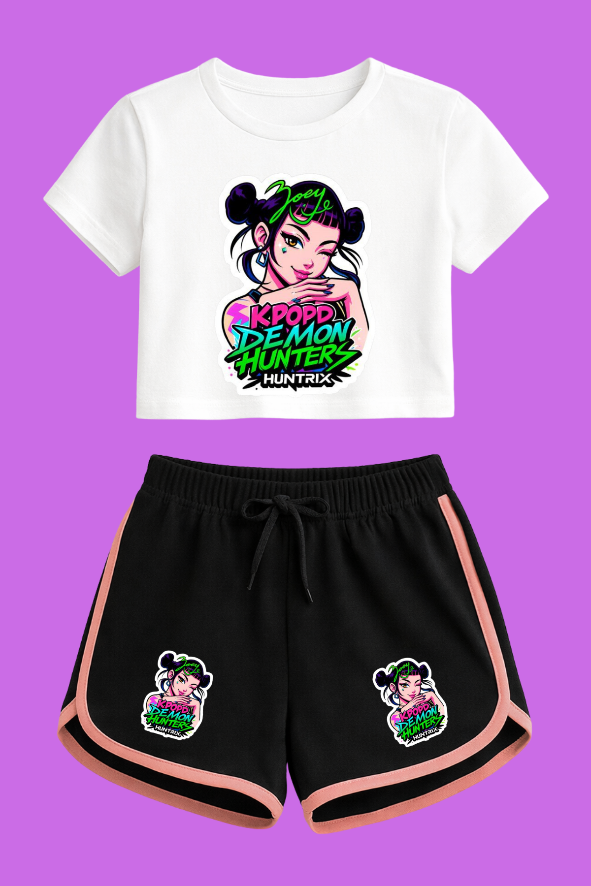K-Pop Demon Hunter Huntirx Zoey Baskılı Beyaz Crop-Şort Takım 