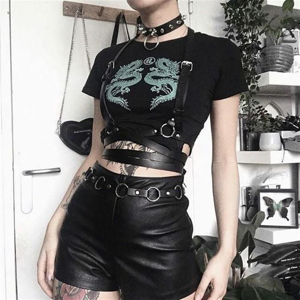 Kadın Vintage Gotik Ejderha Baskılı Crop