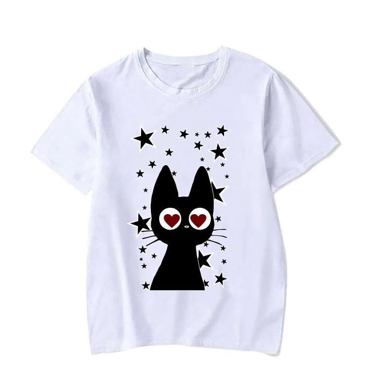 Kalp Gözlü Siyah Kedi Baskılı Beyaz Tshirt Tişört 