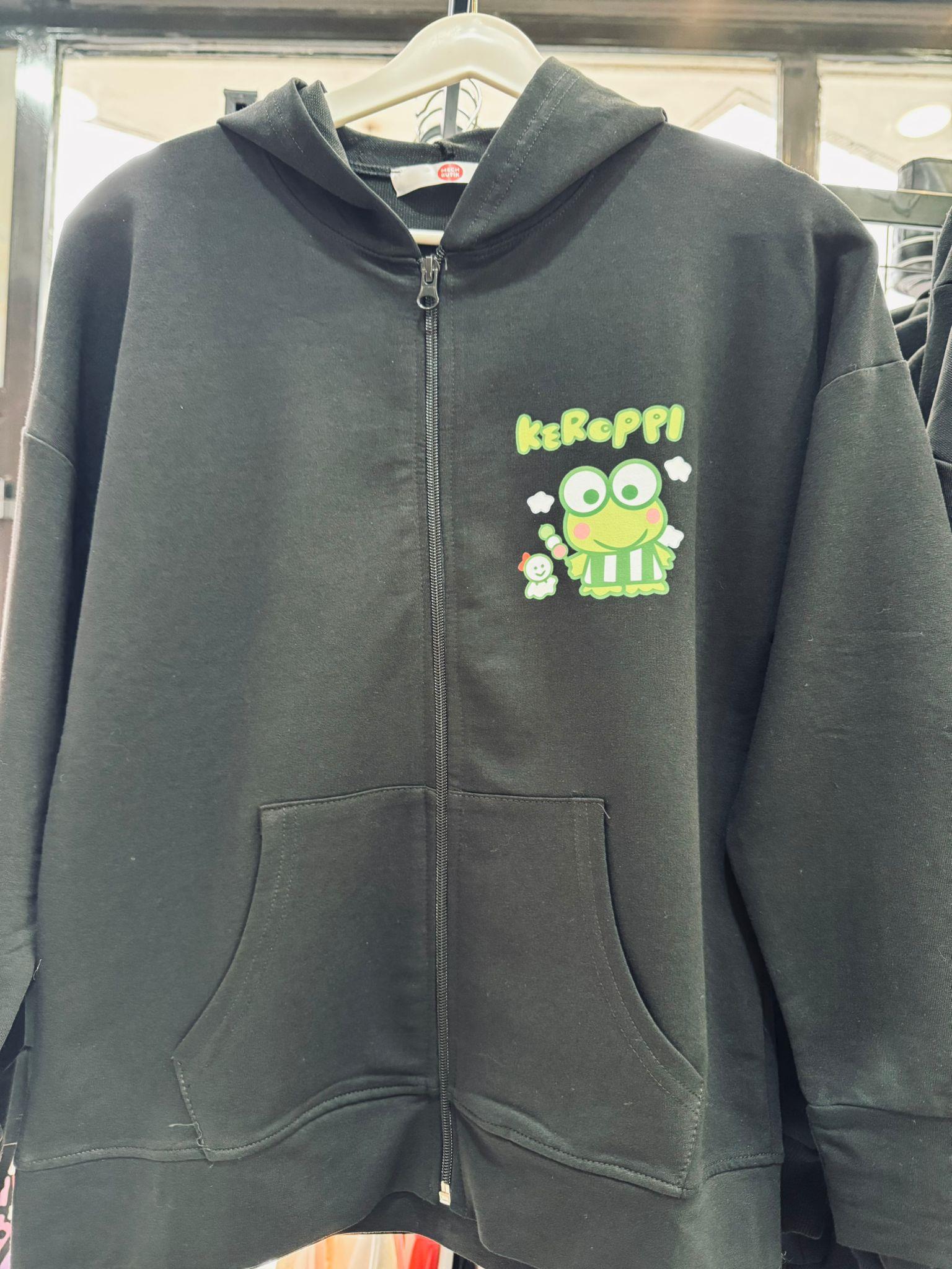 Keroppi Baskılı Outlet Siyah Fermuarlı Hırka 