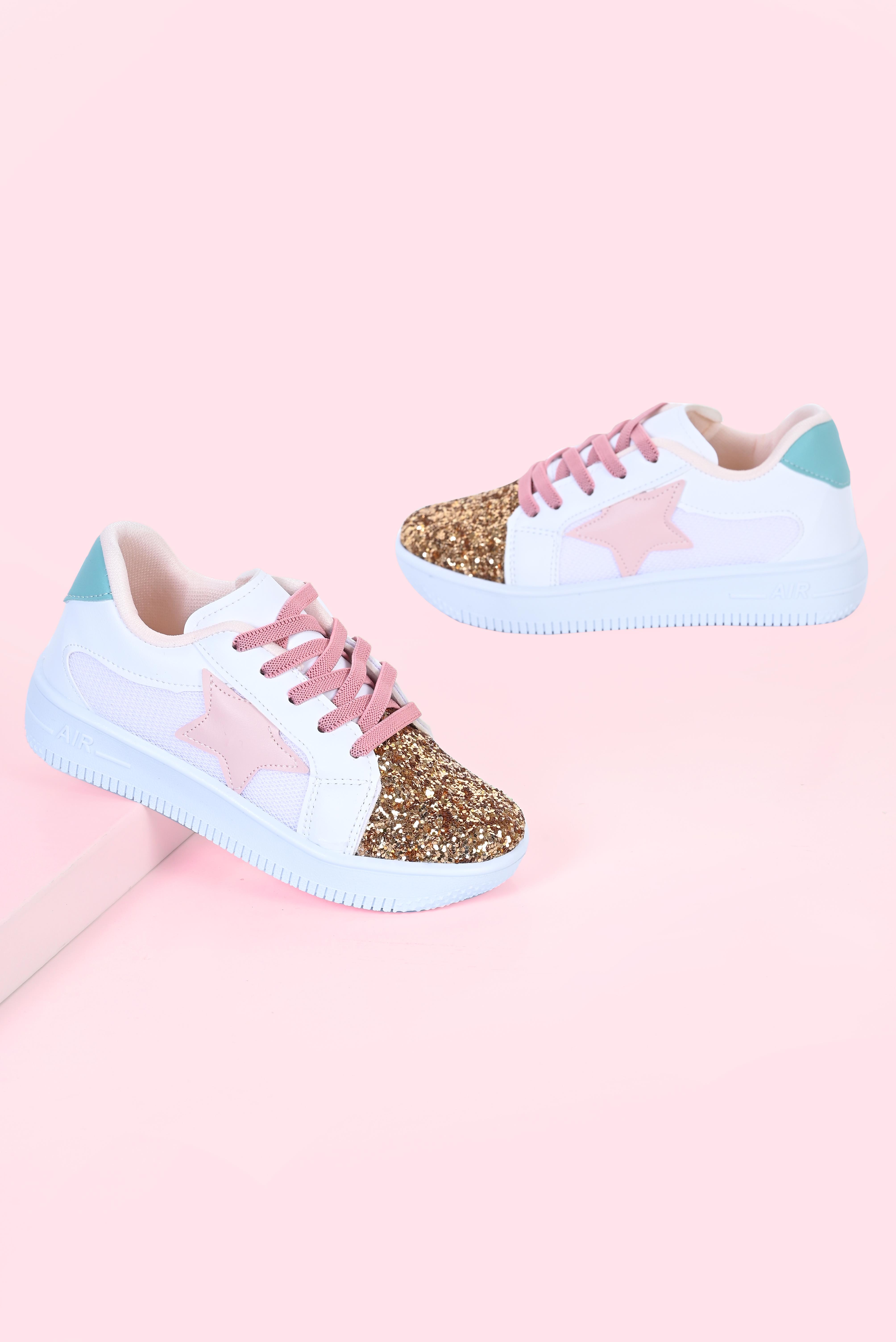 Kız Çocuk Beyaz Spor Ayakkabısı Pembe Yıldızlı Altın Renk Pullu Renkli Bağcıklı Sneaker
