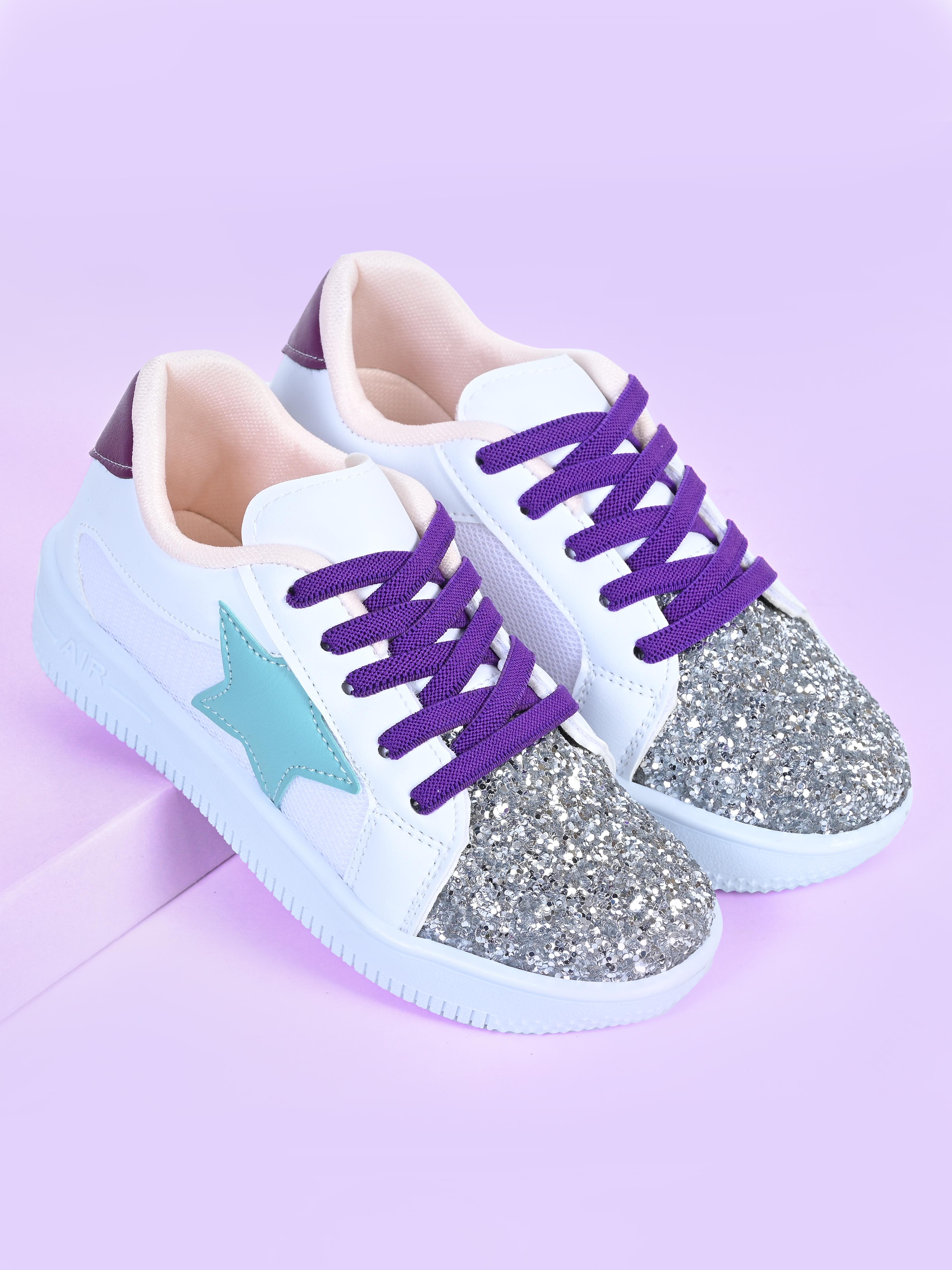 Kız Çocuk Beyaz Spor Ayakkabısı Yeşil Yıldızlı Gümüş Pullu Renkli Bağcıklı Sneaker