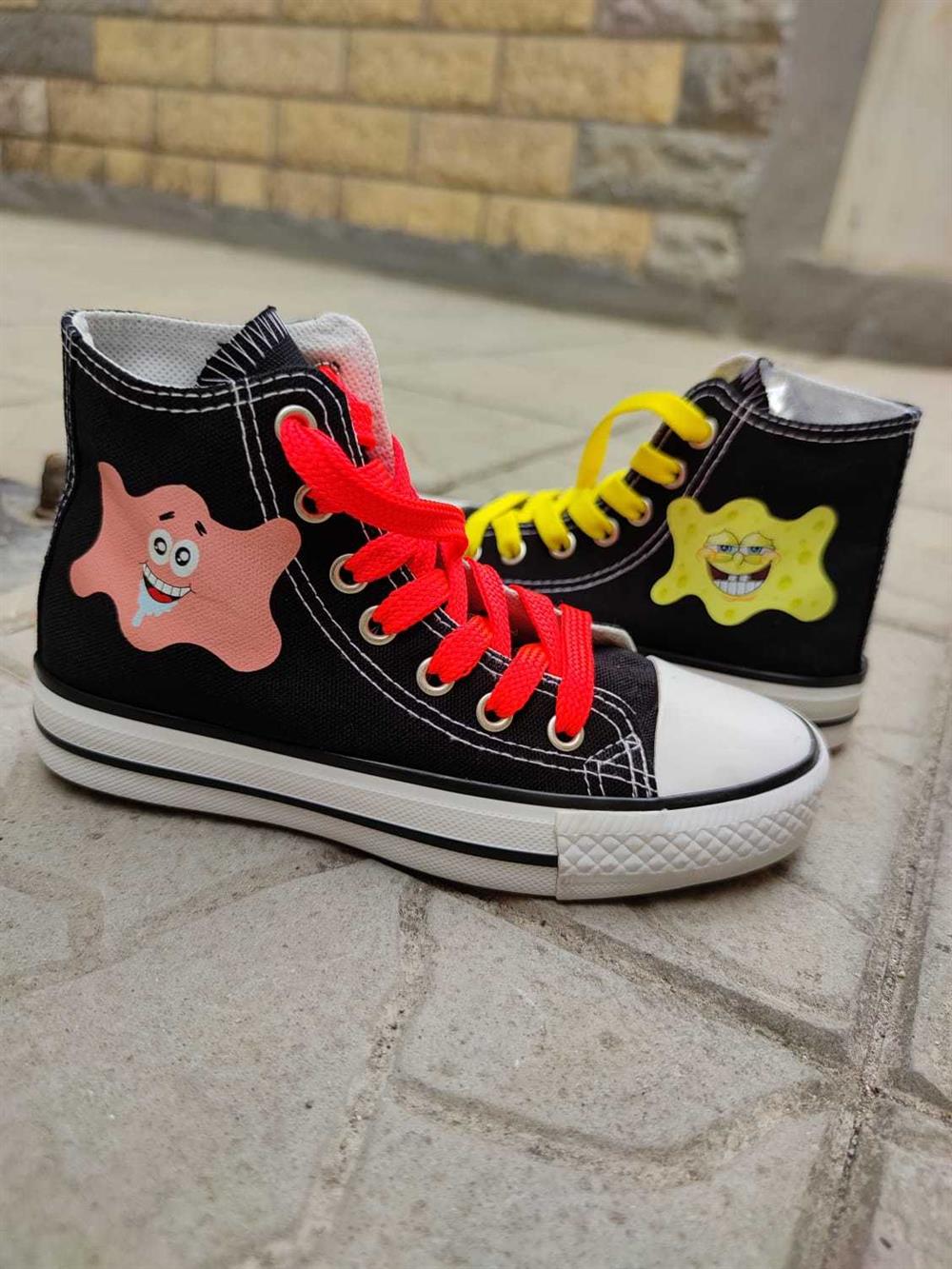 Kız Erkek Çocuk Siyah Sünger Bob&Patrick Baskılı Spor Ayakkabı Bağcıklı Sneaker