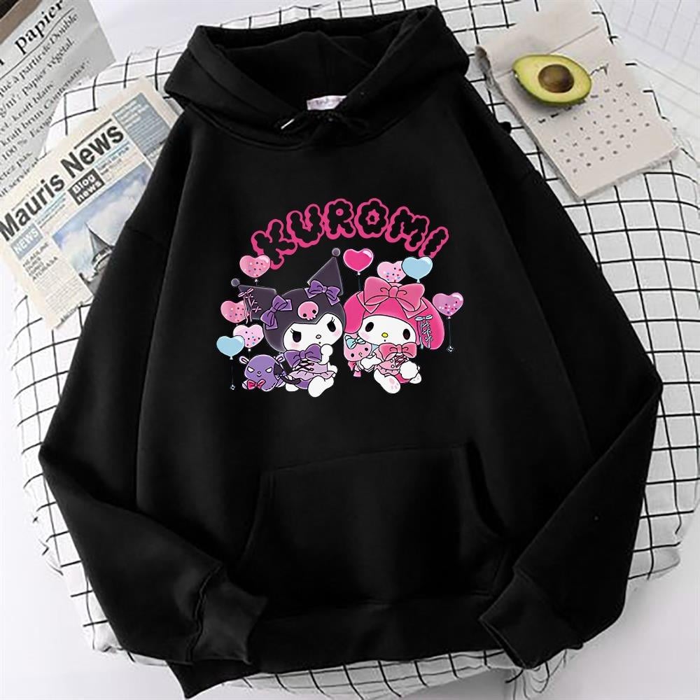 Kuromi Balon Baskılı Siyah Sweatshirt(pembe yazılı)