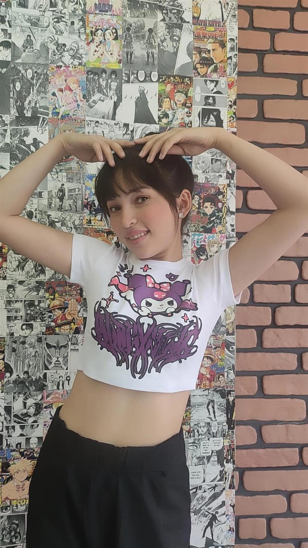 Kuromi Beyaz Crop Kuromi Saçaklı Baskılı Dar Kalıp Beyaz Crop Tişört