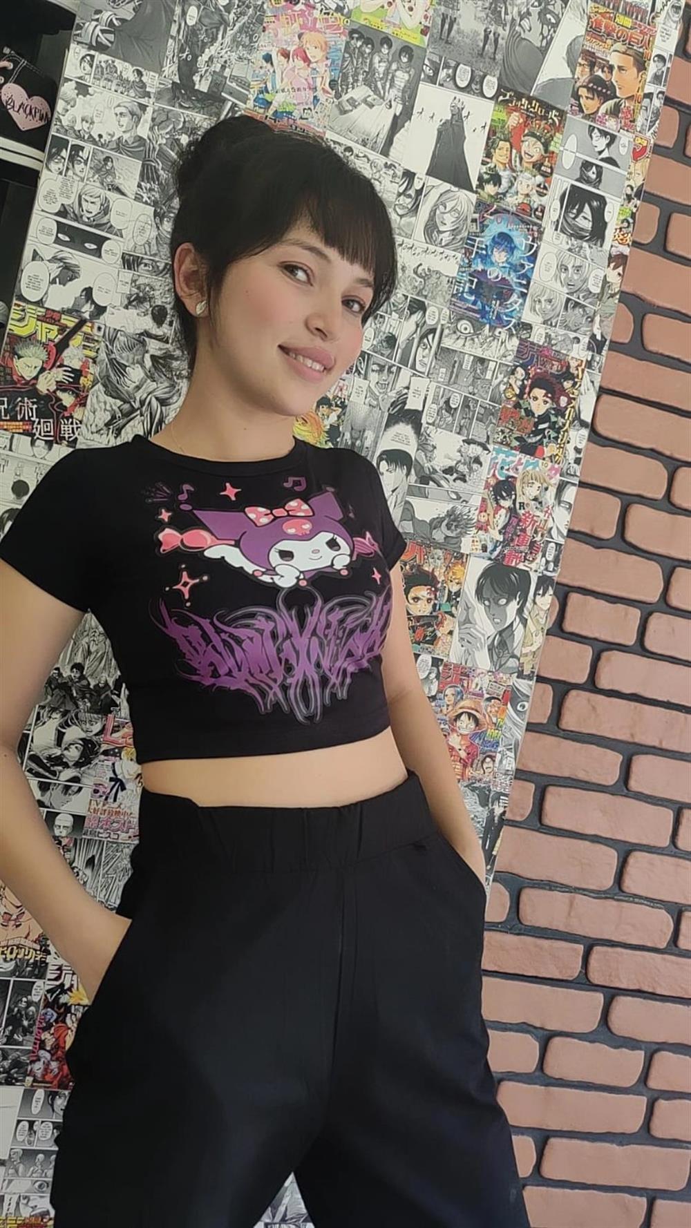 Kuromi Crop Tshirt Kuromi Saçaklı Baskılı Siyah Dar Kalıp Crop Tişört