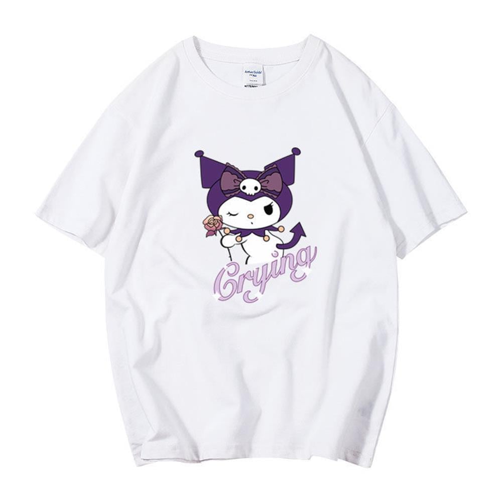 Kuromi Grying  Baskılı Beyaz Kişiye Özel İsim Yazılabilir T-shirt Tişört