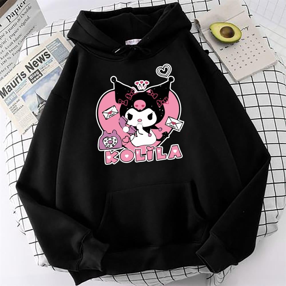 Kuromi Kolila Baskılı Siyah Oversize Sweatshirt Kapüşonlu Hoodie