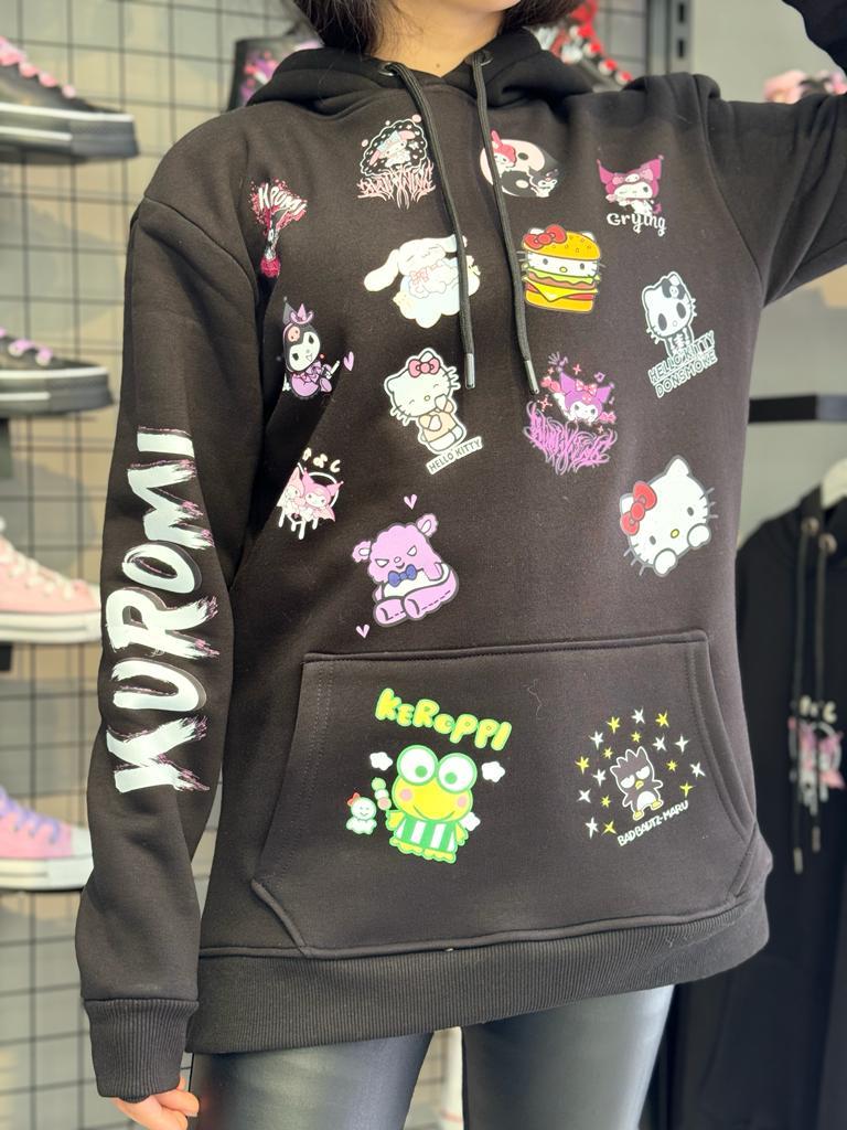 Kuromi Mix Basklı Siyah Sweatshirt hellokitty,mymelody,kuromi,yanda Tüm Karakterler Mix Baskılı