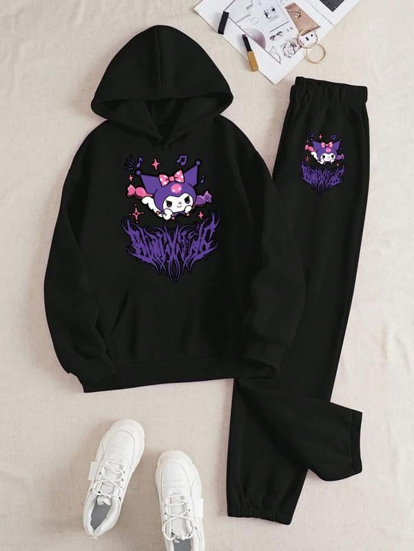 Kuromi Saçaklı Baskılı Kapüşonlu Üst Eşofman Takım 