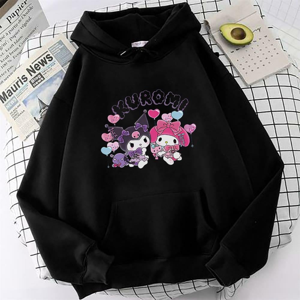 Kuromi Siyah Oversize Sweatshirt Kapüşonlu Hoodie Kuromi Balon Baskı