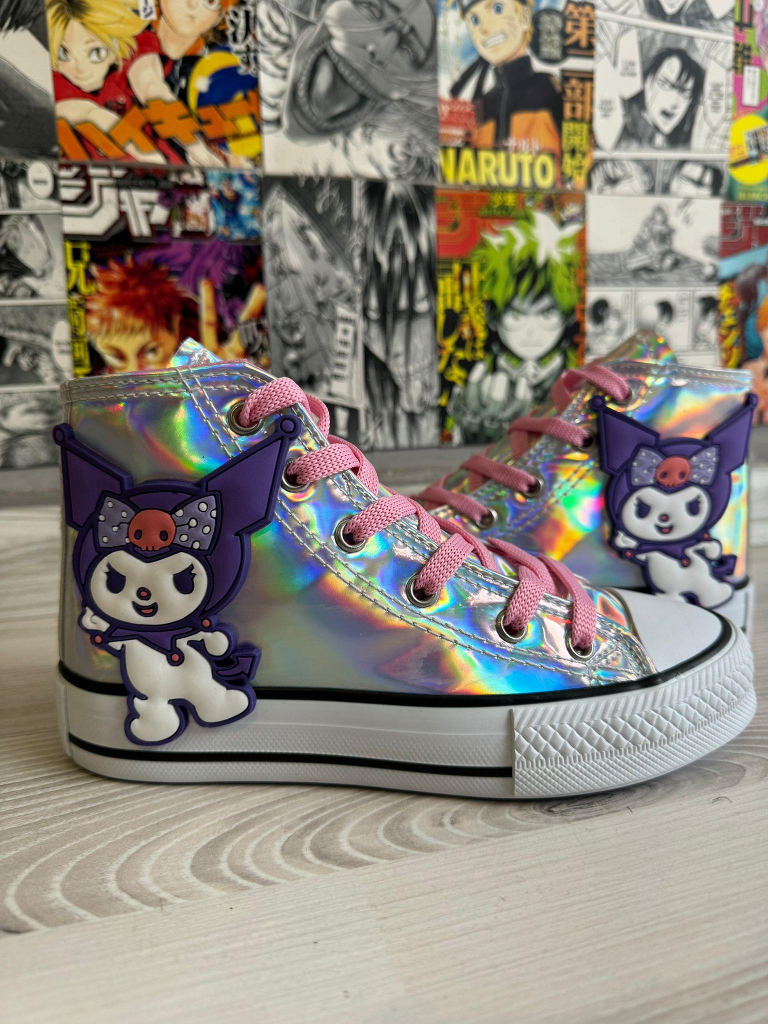 Kuromi Süslü Gümüş Hologram Bilekli Fermuarlı Kaydırmaz Taban Ayakkabı Sneaker