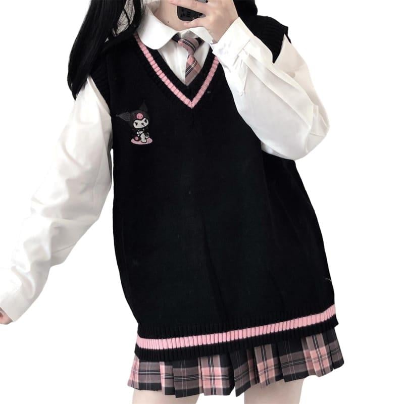 Kuromi V Yaka Siyah Süveter