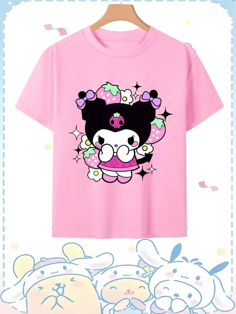 Kuromi Yeni Sezon Çilekli Baskılı Pembe Tişört T-shirt
